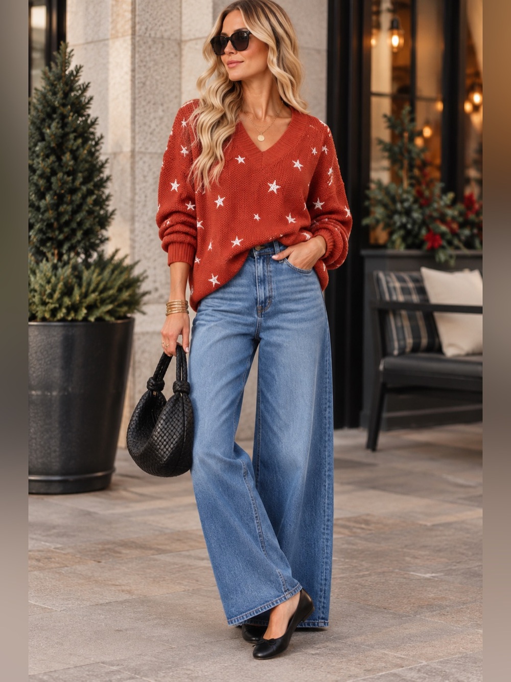 Umgee Rust with White Star V Neck Long Sleeve Knit Sweater
